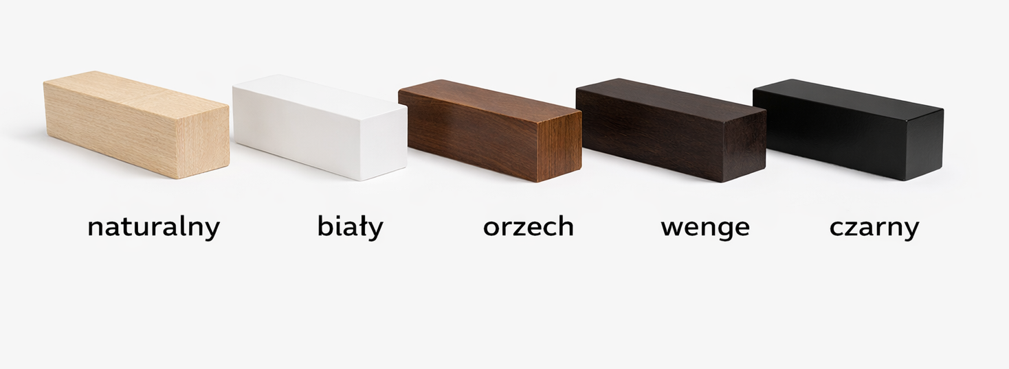 Kolory drewnianych nóżek łóżka LILIA: naturalny, biały, orzech, wenge, czarny